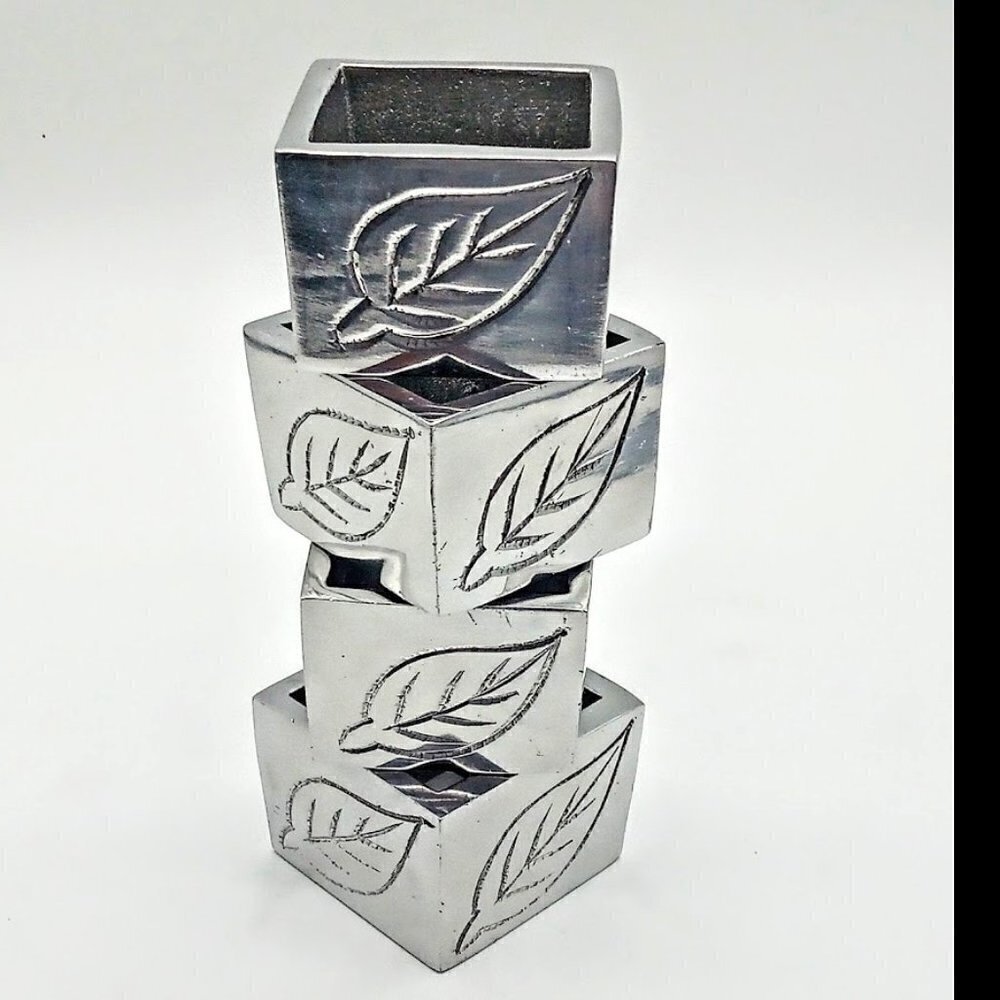 Pier 1 Silver Pewter Etched Leaves Square Napkin Rings